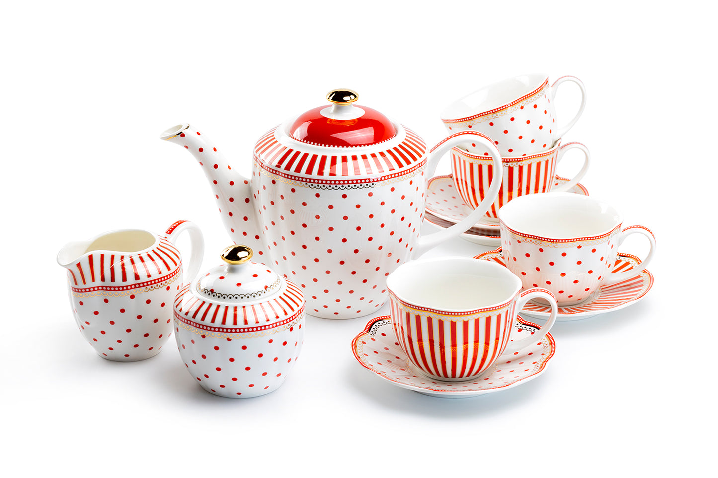 Grace Teaware Red Josephine Stripes and Dots Fine Porcelain Tea Set