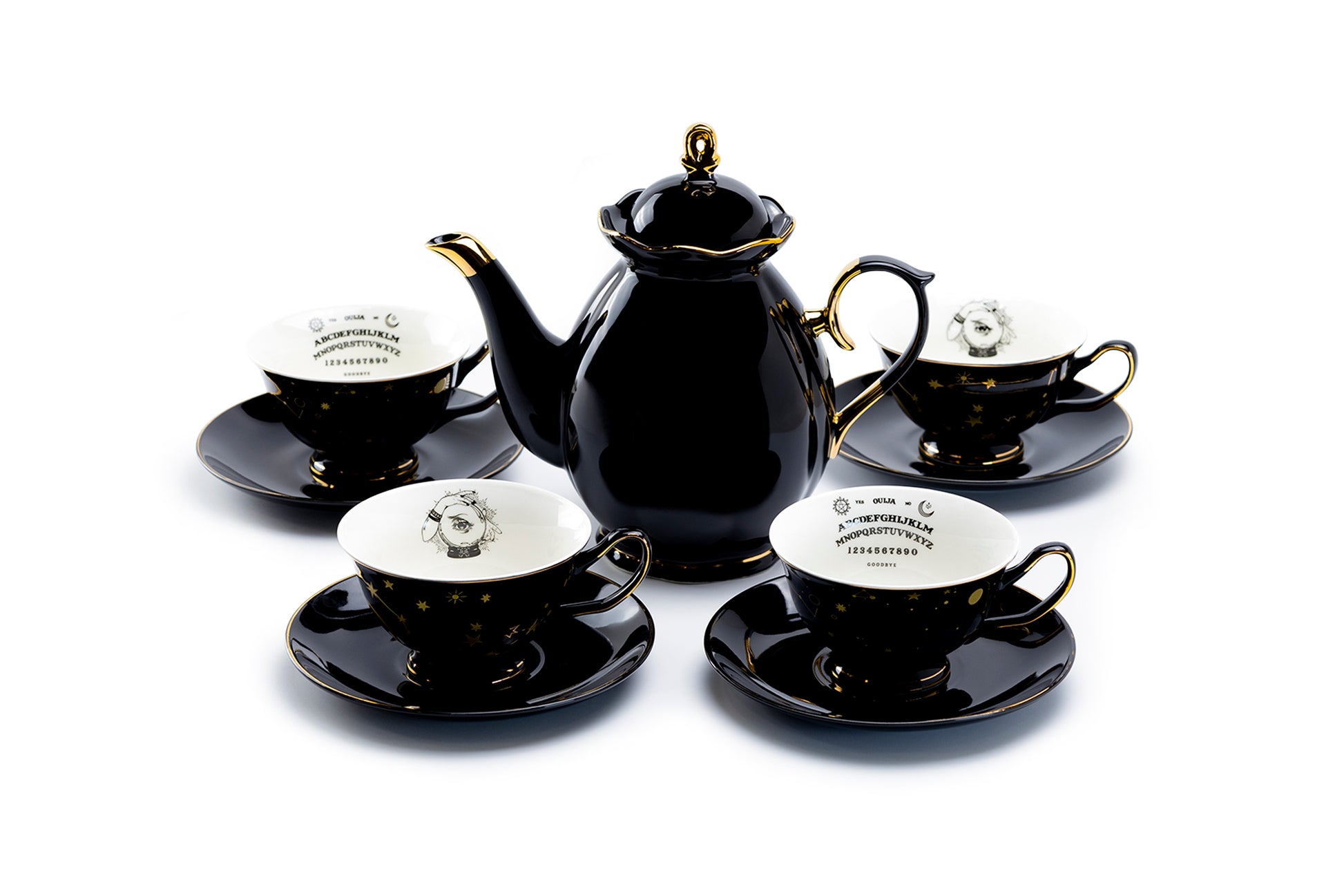 Grace Teaware Black Gold Scallop Teapot + 4 Assorted Halloween Tea Cup and Saucer Sets