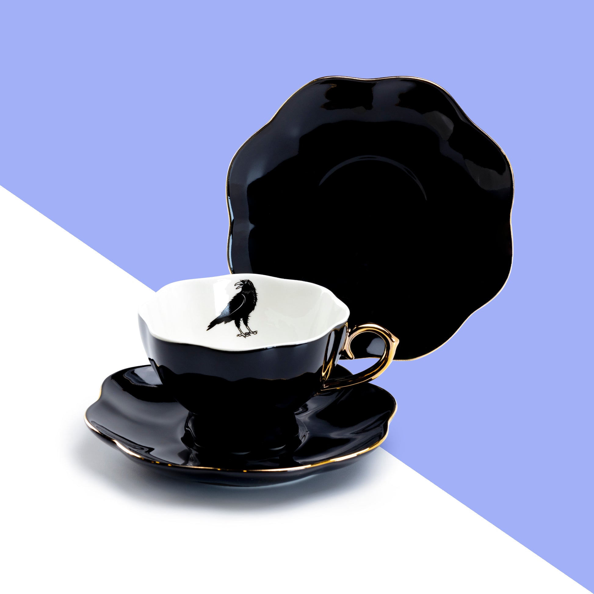 Grace Teaware Raven Crow Black Gold Tea Cup and Saucer Set