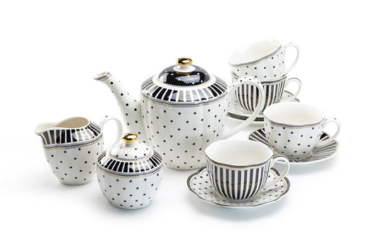 Grace Teaware Black Josephine Stripes and Dots Fine Porcelain Tea Set