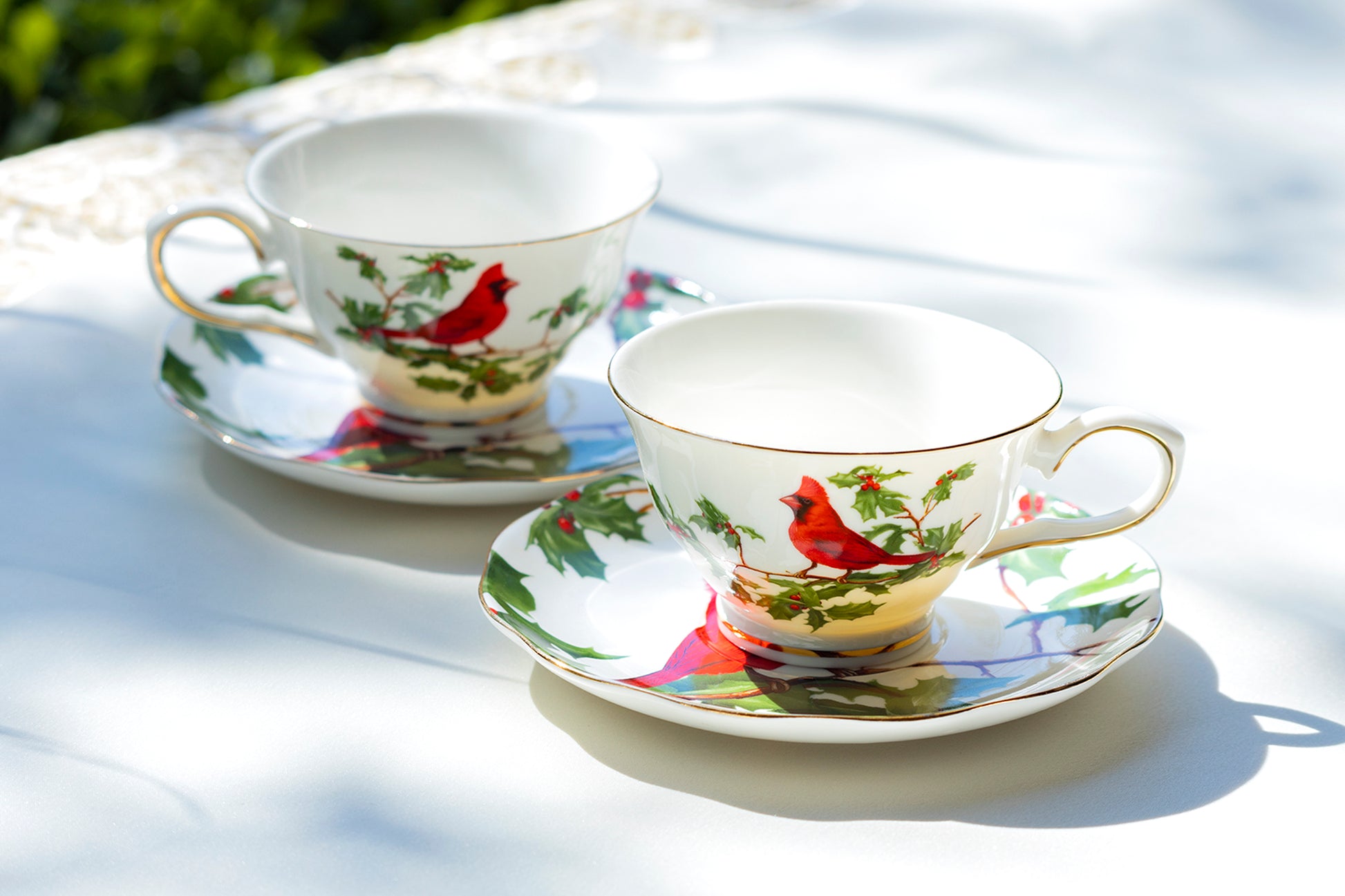 Grace Teaware Red Cardinal Fine Porcelain Tea Cup and Saucer Set of 2