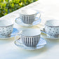 Grace Teaware Black Josephine Stripes and Dots Fine Porcelain Cup and Saucer Sets Set of 4