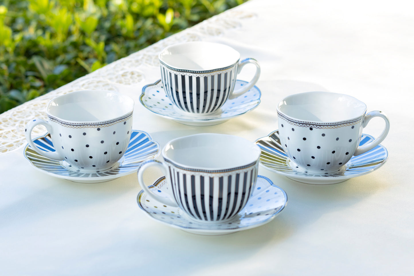 Grace Teaware Black Josephine Stripes and Dots Fine Porcelain Cup and Saucer Sets Set of 4