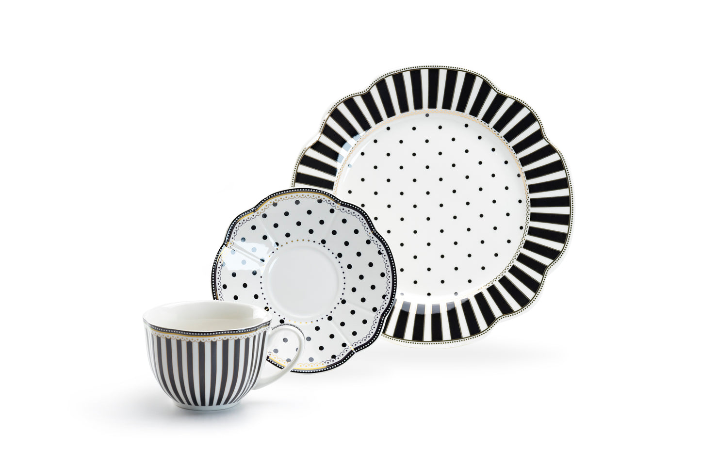 Black Josephine Stripes and Dots Fine Porcelain Cup and Saucer Sets