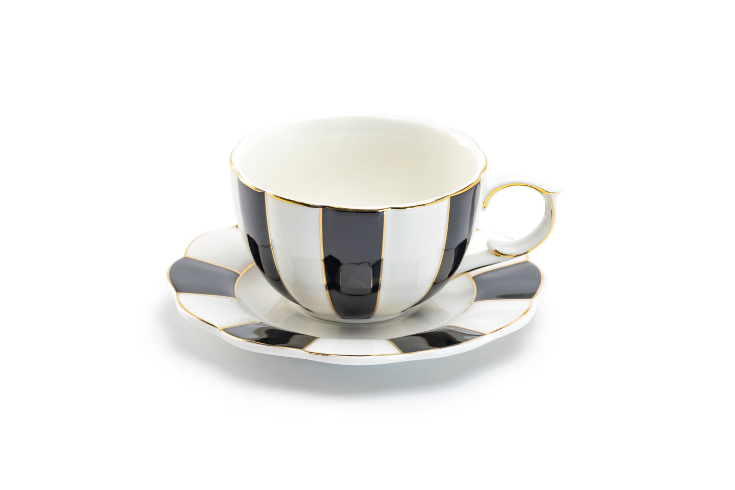 Grace Teaware Black and White Scallop Fine Porcelain Tea Cup and Saucer Set