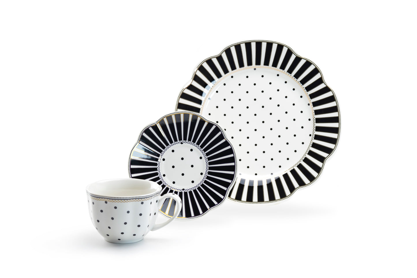 Black Josephine Stripes and Dots Fine Porcelain Cup and Saucer Sets