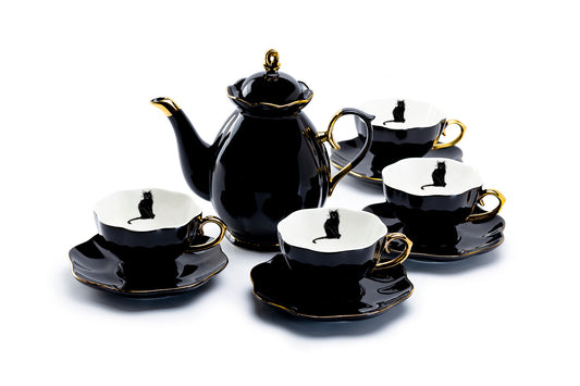 Black Gold Scallop Teapot + 4 Black Cat Tea Cup and Saucer Sets