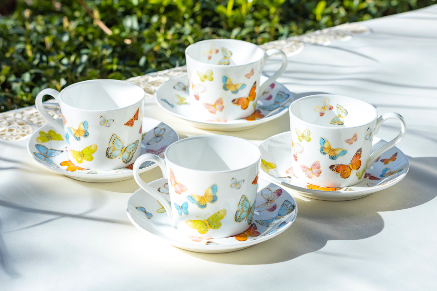 Stechcol Gracie Bone China Spring Butterfly Coffee Cup and Saucer set of 4