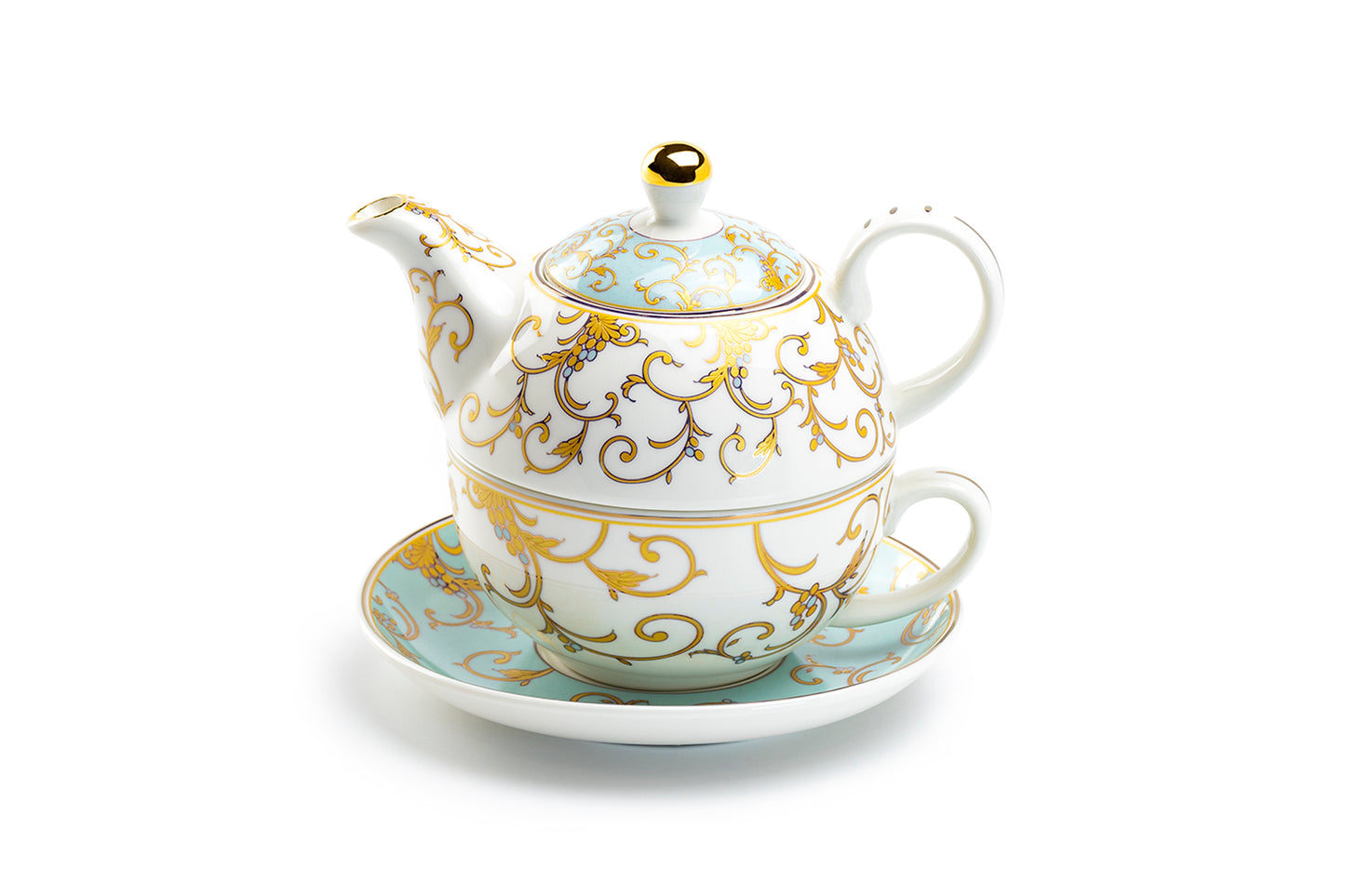 Grace Teaware Mint Gold Scroll Fine Porcelain Tea For One Set