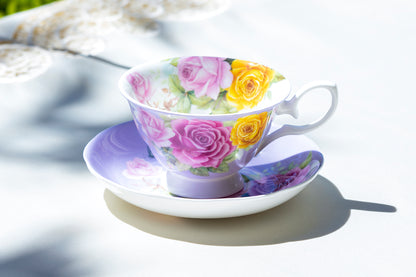Rose Bouquet Purple Bone China Tea Cup and Saucer