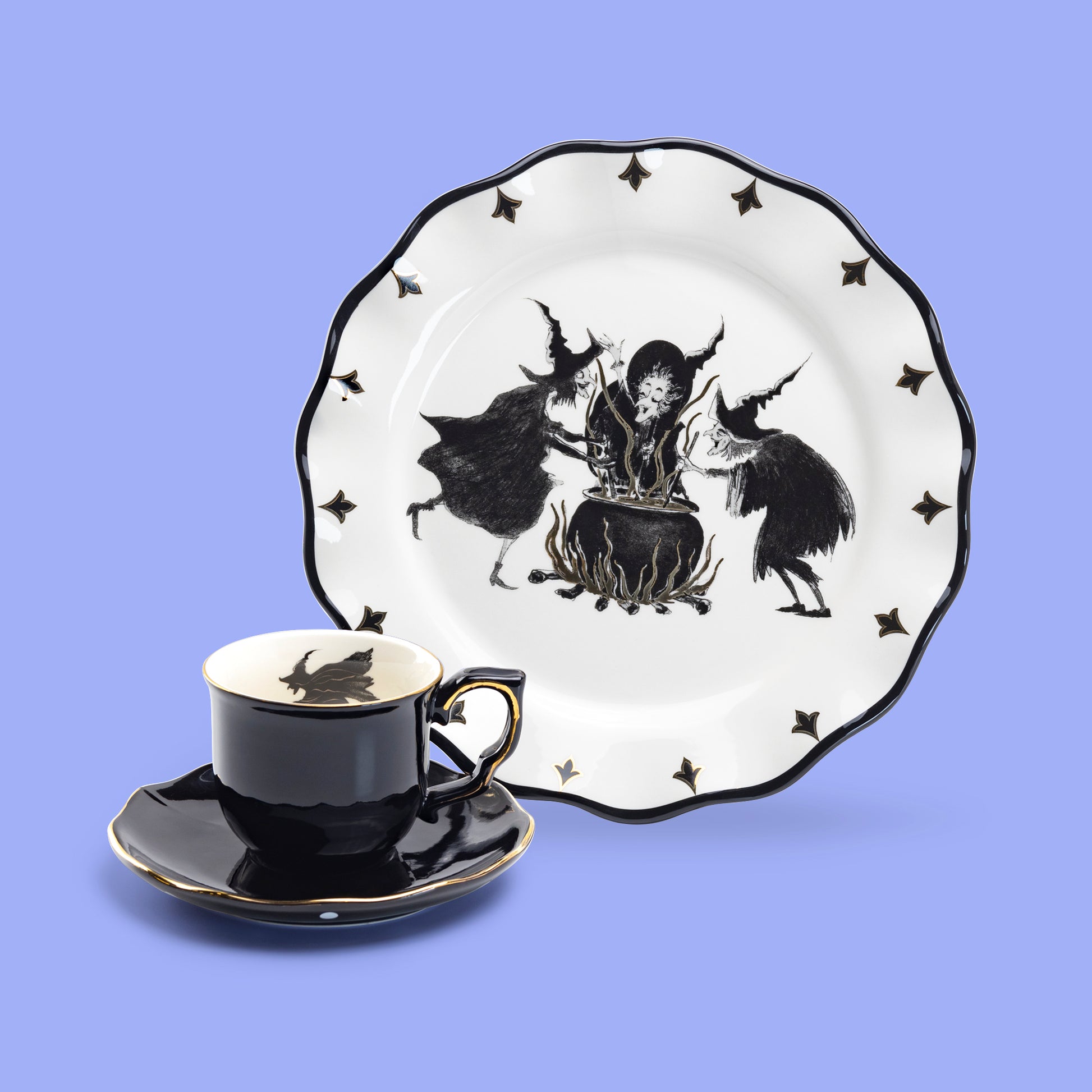 Potter's Studio Halloween Flying Witch Tea Cup and Saucer + Witches Brew Serving Platter Set