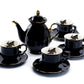 Black Gold Scallop Teapot + 4 Flying Witch Tea Cup and Saucer Sets