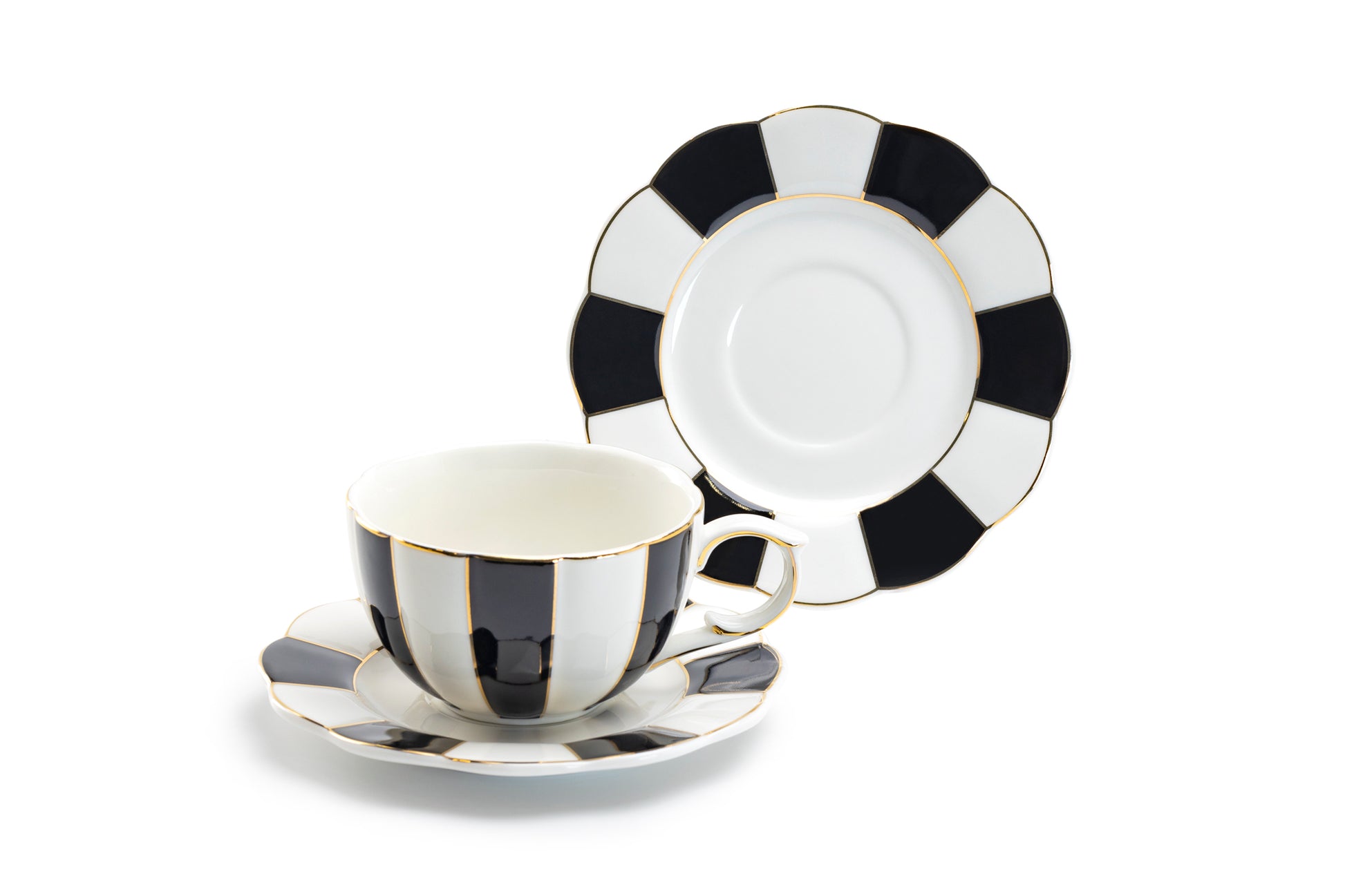 Grace Teaware Black and White Scallop Fine Porcelain Tea Cup and Saucer