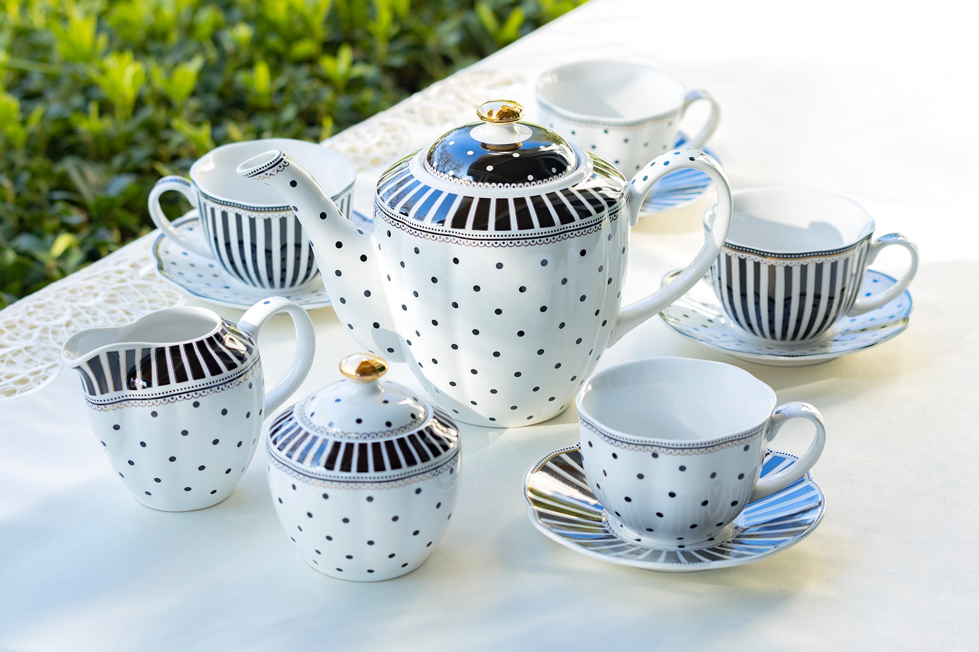 Grace Teaware Black Josephine Stripes and Dots Fine Porcelain