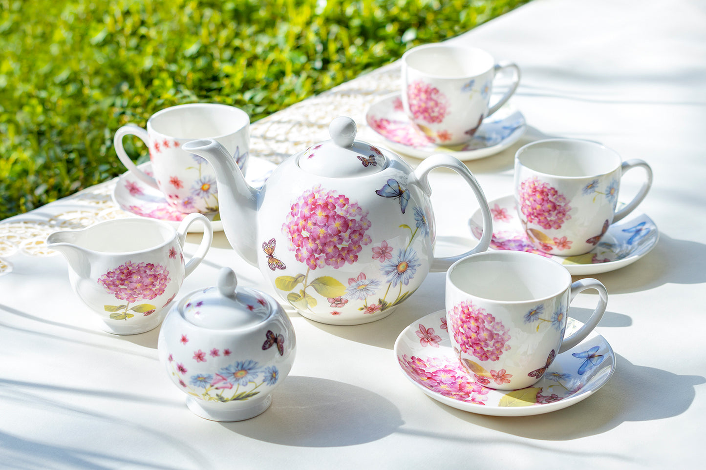 Grace Teaware Hydrangea with Butterflies Fine Porcelain Tea Set