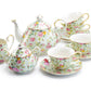 Grace Teaware Blue Cottage Rose Chintz Fine Porcelain 11-Piece Tea Set