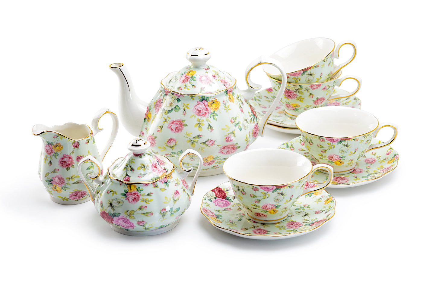 Grace Teaware Blue Cottage Rose Chintz Fine Porcelain 11-Piece Tea Set