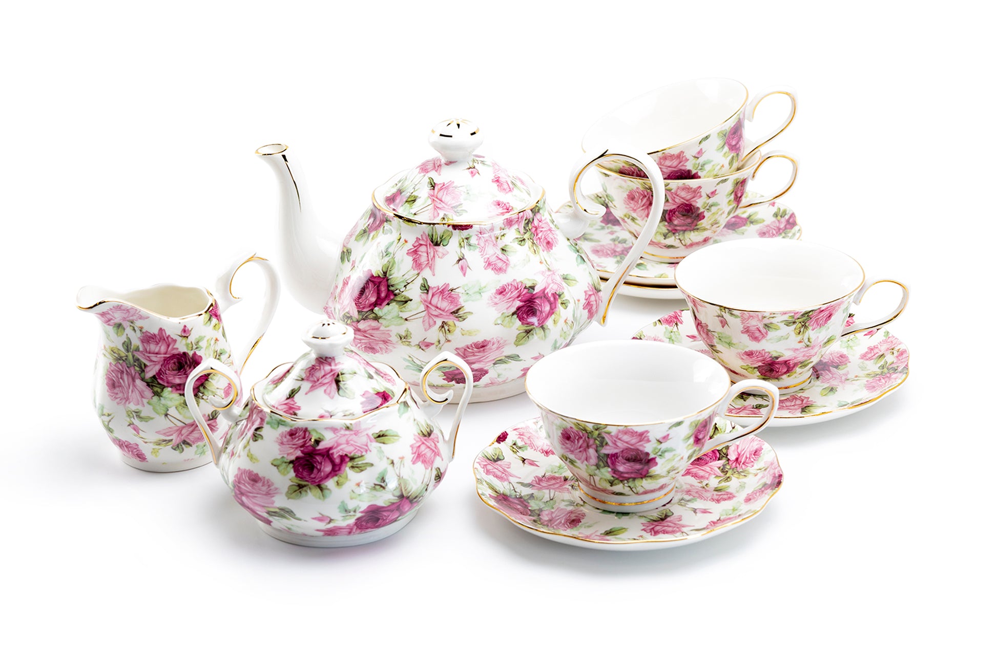 Grace Teaware Pink Summer Rose Fine Porcelain 11-Piece Tea Set