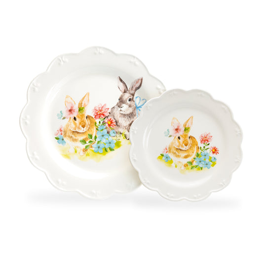 Grace Teaware Flower Bunny Scallop Pottery Salad + Dinner Plate Set
