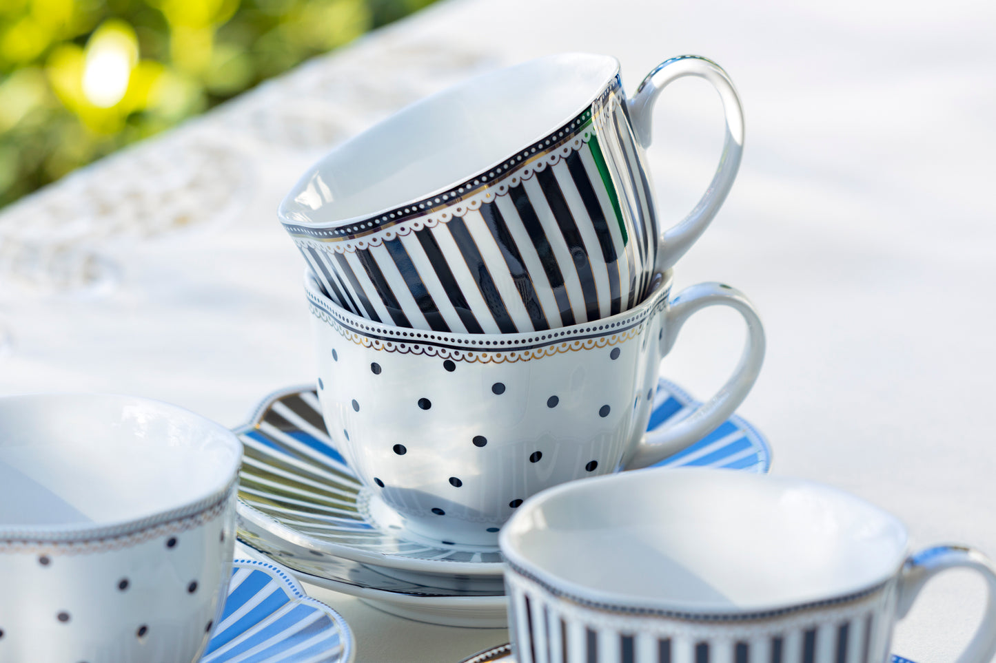 Grace Teaware Black Josephine Stripes and Dots Fine Porcelain Cup and Saucer