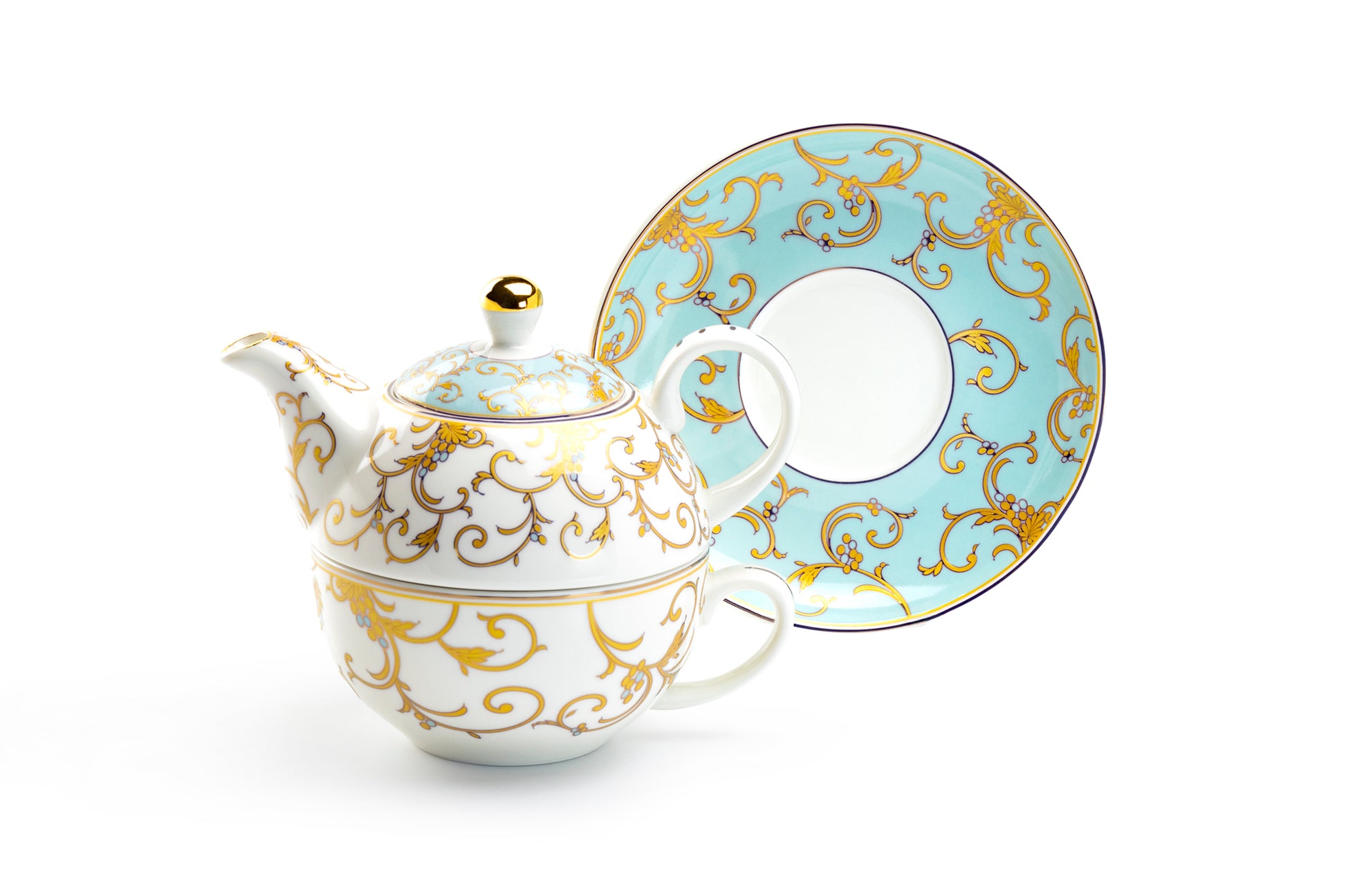 Grace Teaware Mint Gold Scroll Fine Porcelain Tea For One