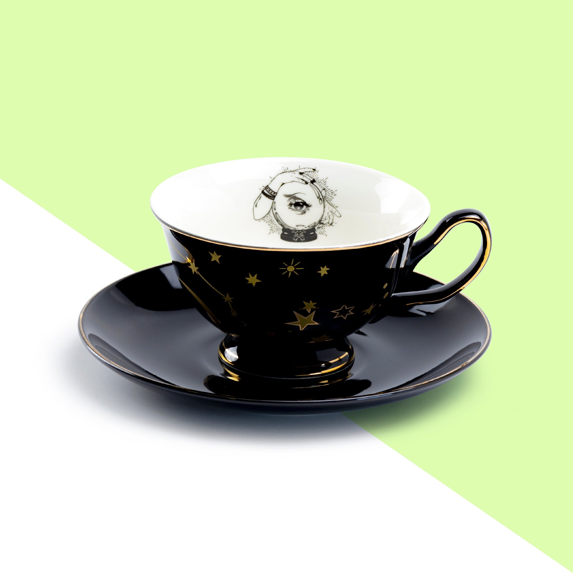 Halloween Witchy Crystal Ball Astrology Black Gold Tea Cup and Saucer