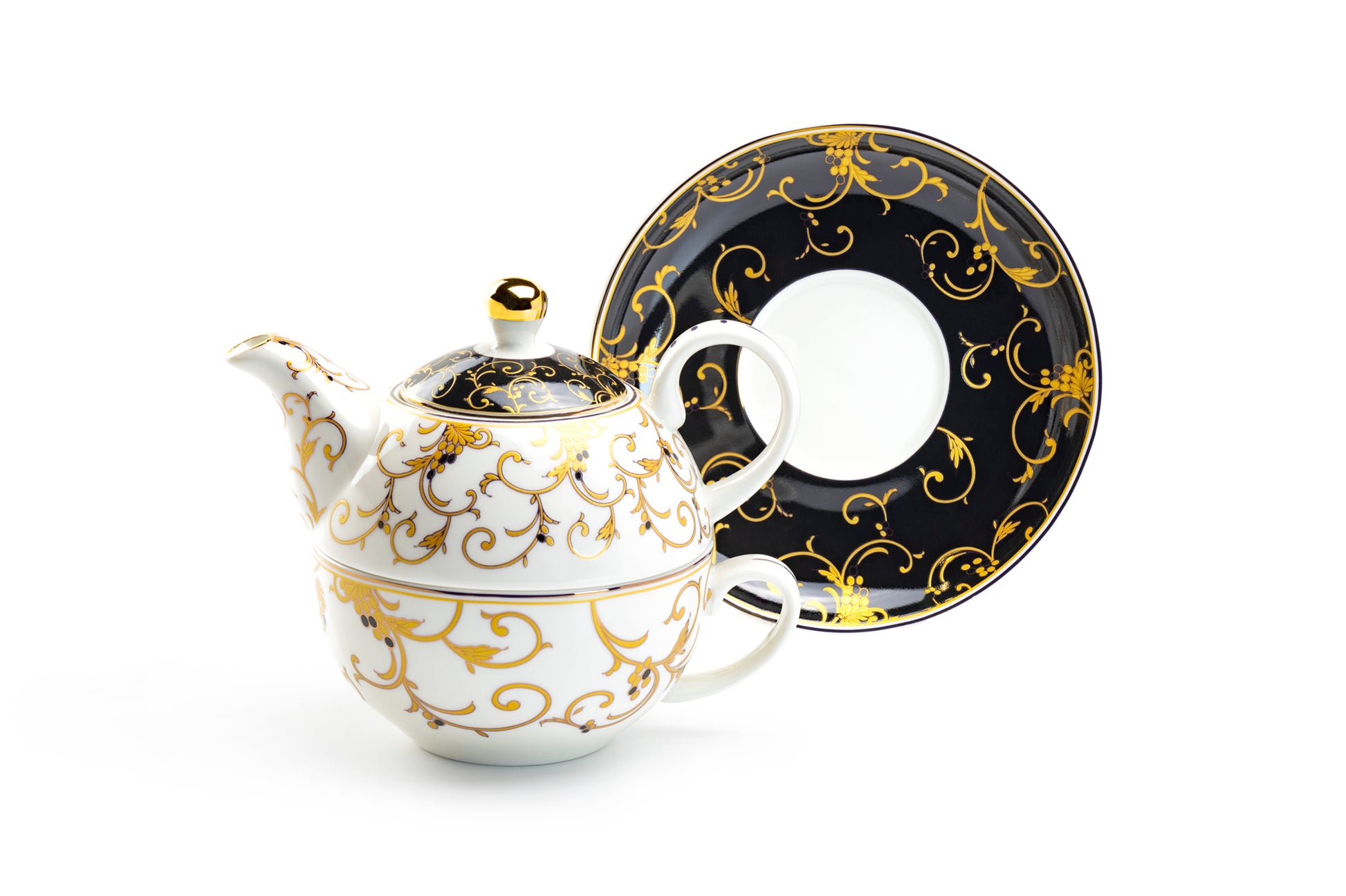 Grace Teaware Black Gold Scroll Fine Porcelain Tea For One with gift box