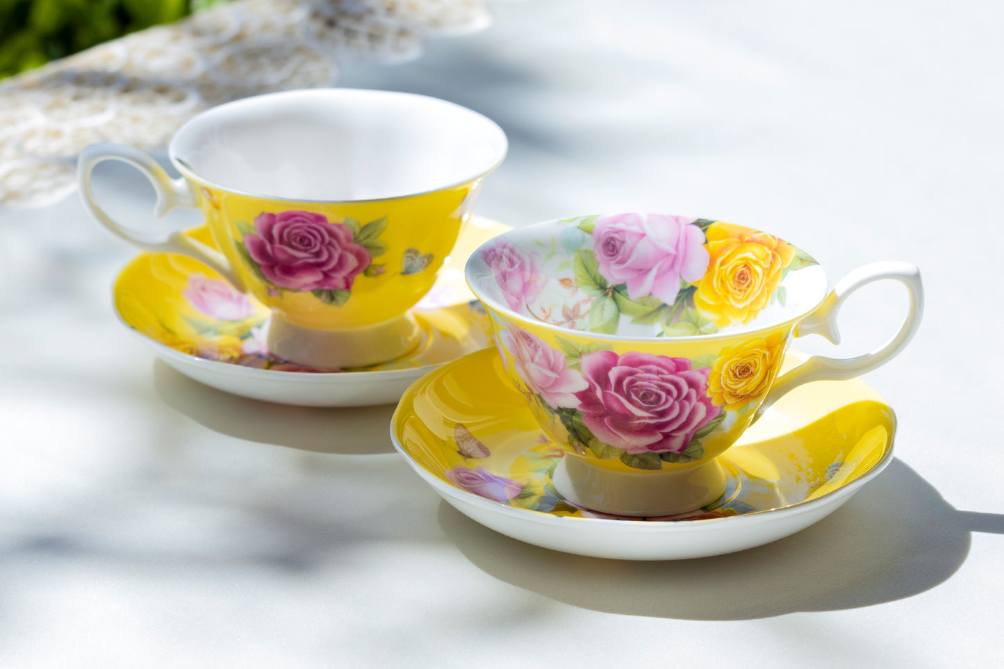 Rose Bouquet Yellow Bone China Tea Cup and Saucer