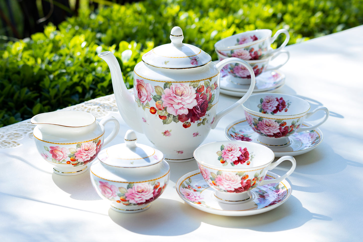 Gracie Bone China Peony and Strawberry Bone China 11-Piece Tea Set