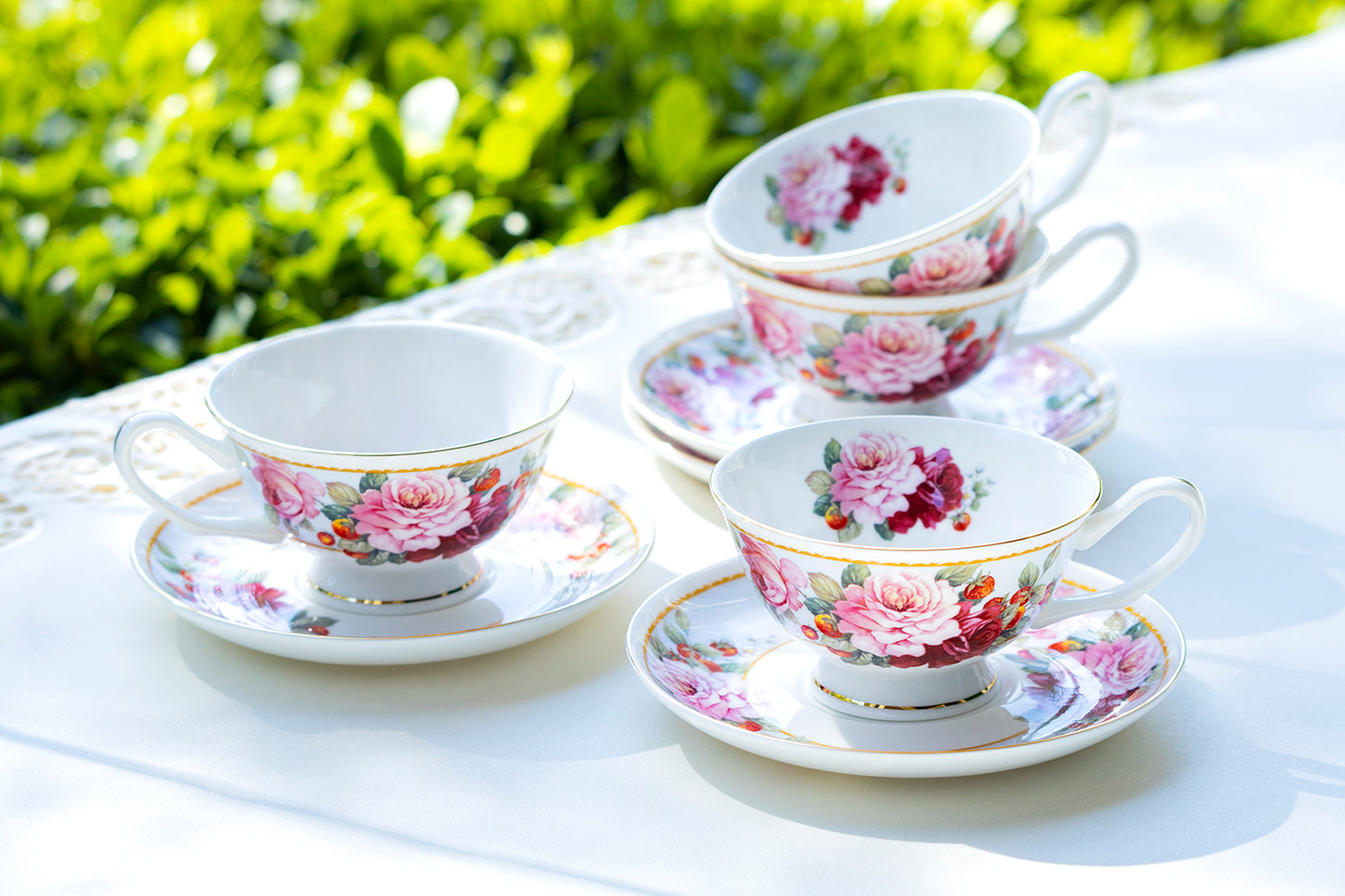 Stechcol Gracie Bone China Peony and Strawberry Bone China Tea Cup and Saucer Set of 4