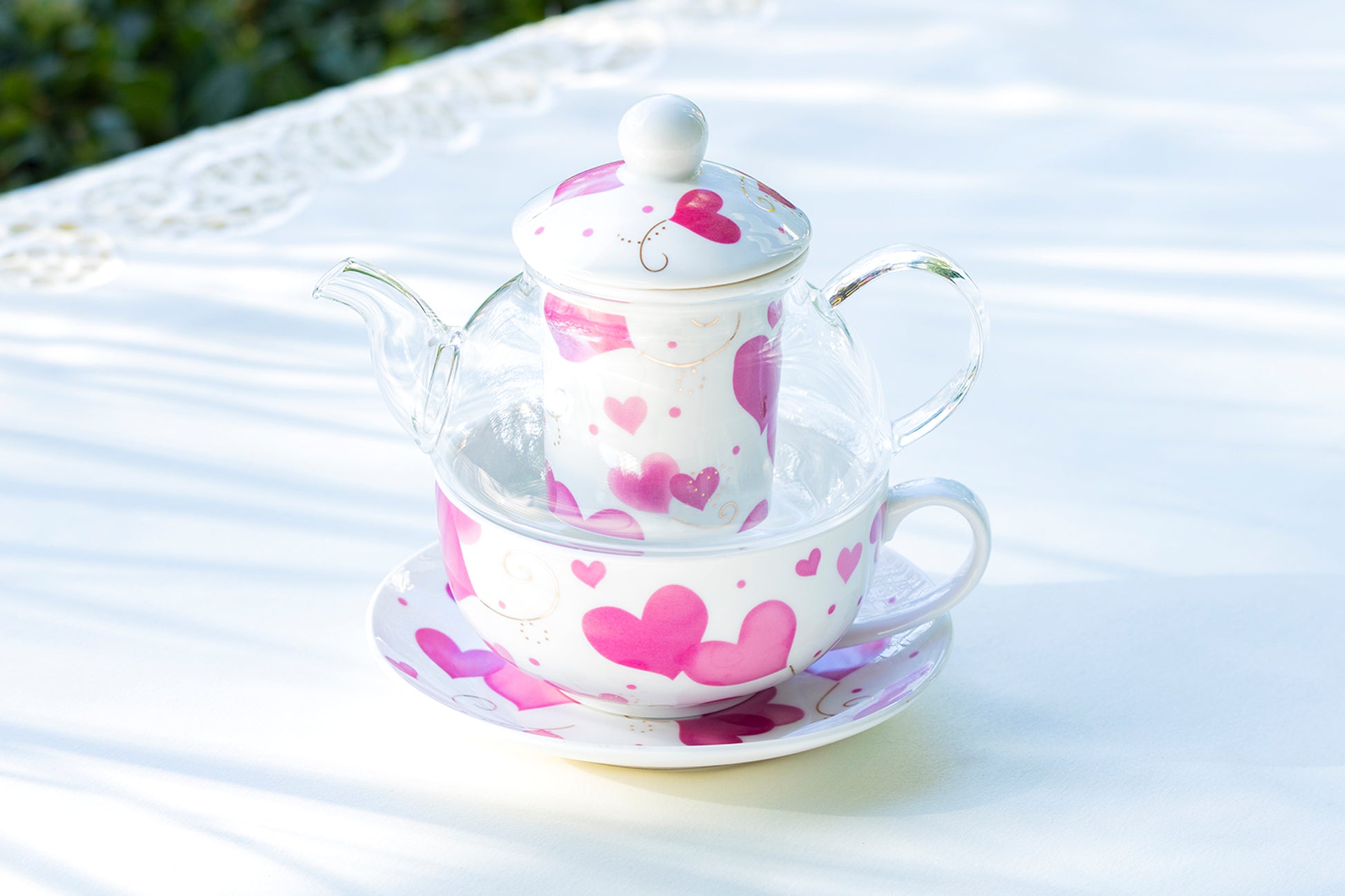 Grace Teaware Pink Hearts Glass Fine Porcelain Teapot Tea cup and saucer