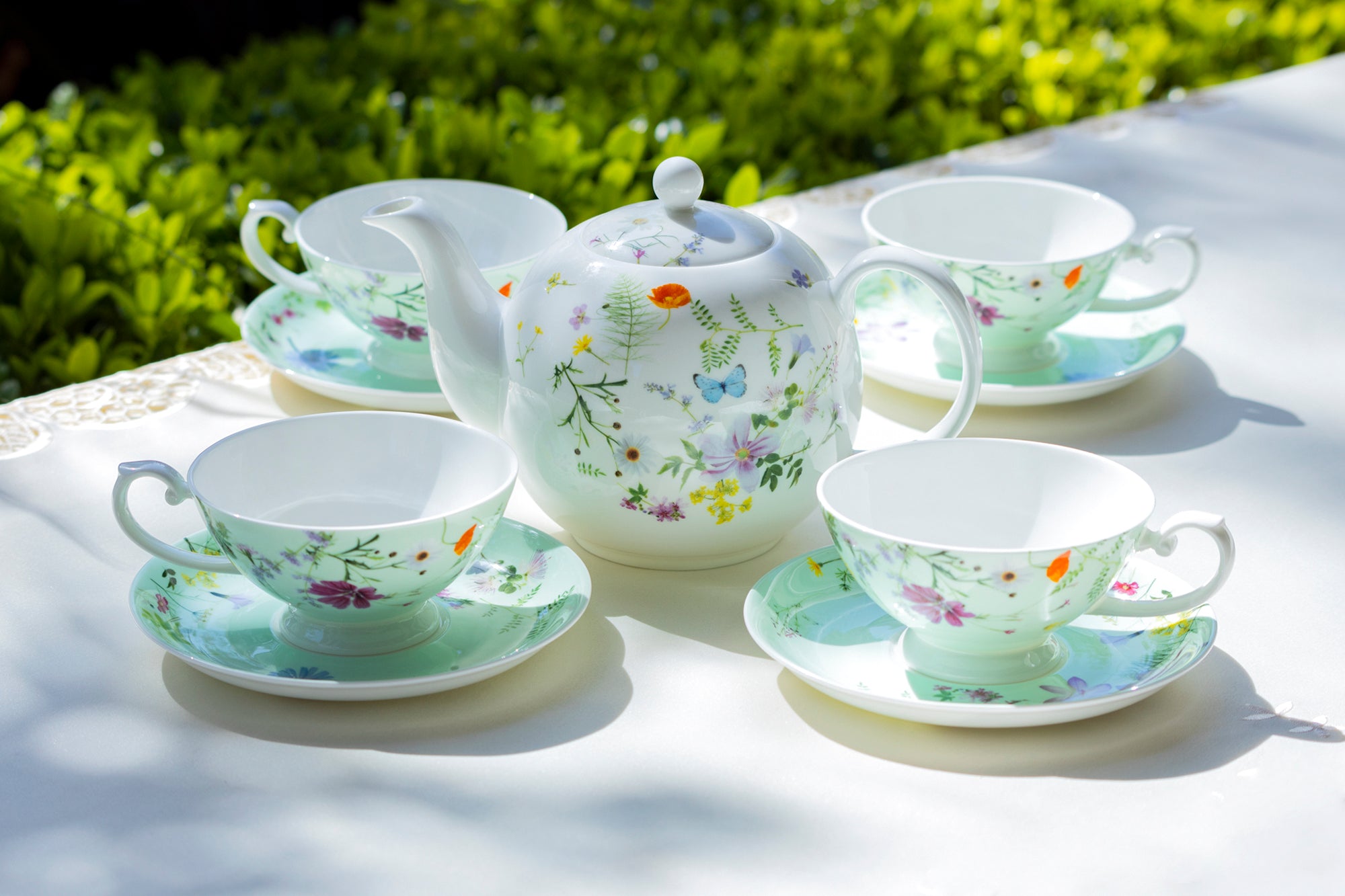 Summer Meadow Bone discount China 9-Piece Tea Set, 3 Color Variants, 1 Teapot, 4 Cups with 4 Saucers, Gracie Bone China