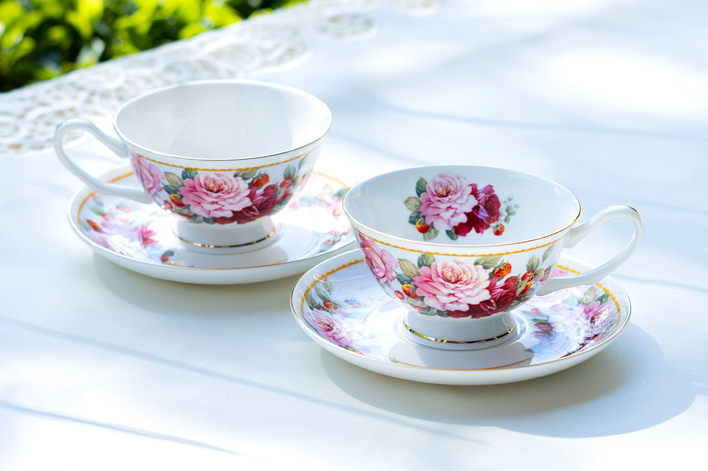 Stechcol Gracie Bone China Peony and Strawberry Bone China Tea Cup and Saucer Set of 2