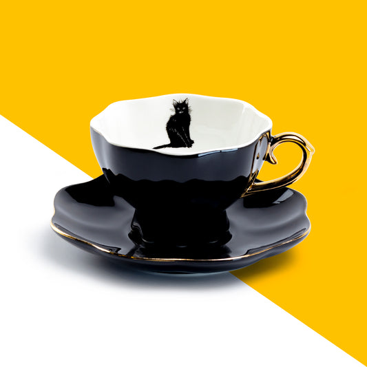 Black Cat Tea Cup and Saucer Halloween