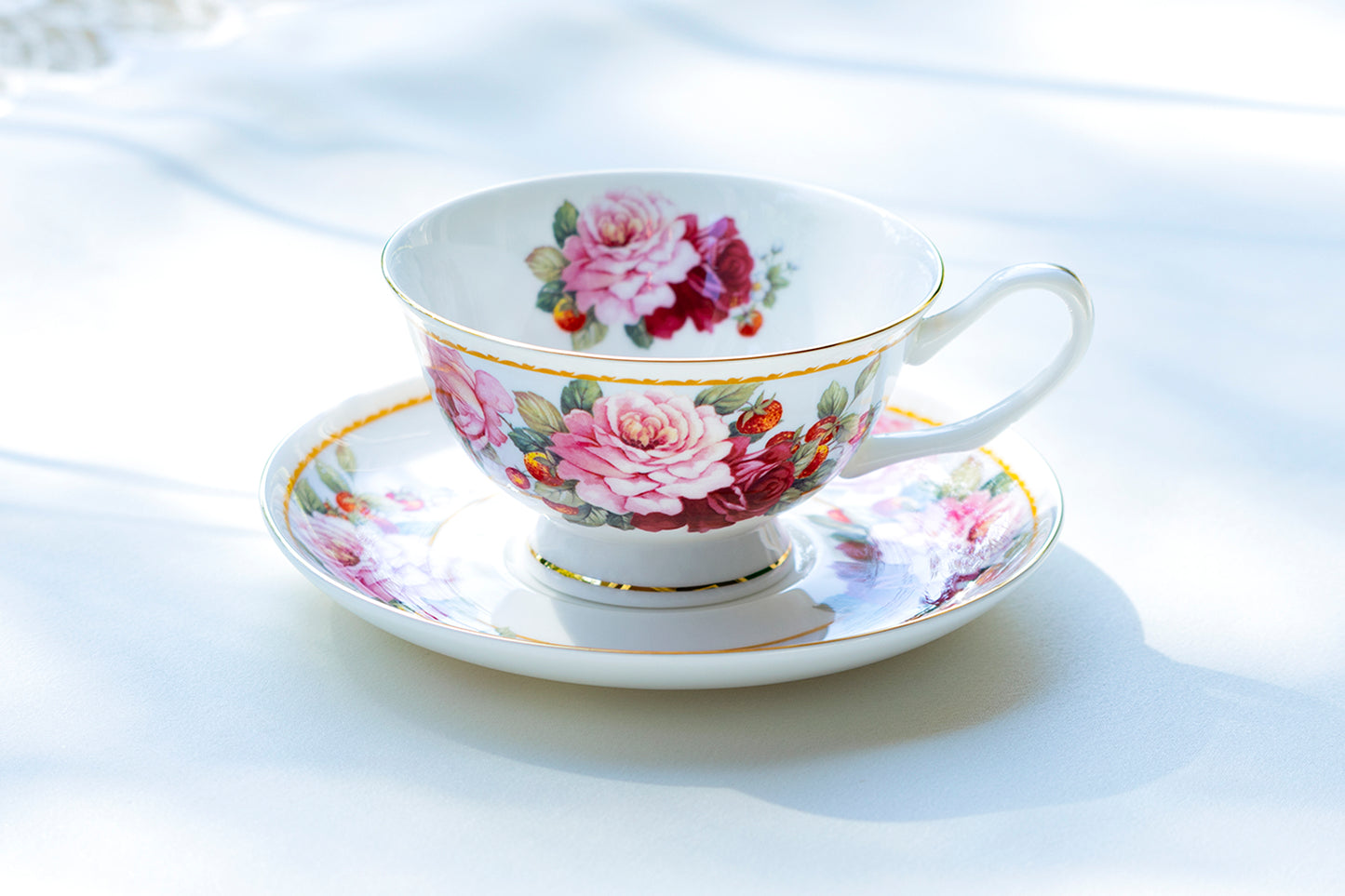 Stechcol Gracie Bone China Peony and Strawberry Bone China Tea Cup and Saucer Set of 1