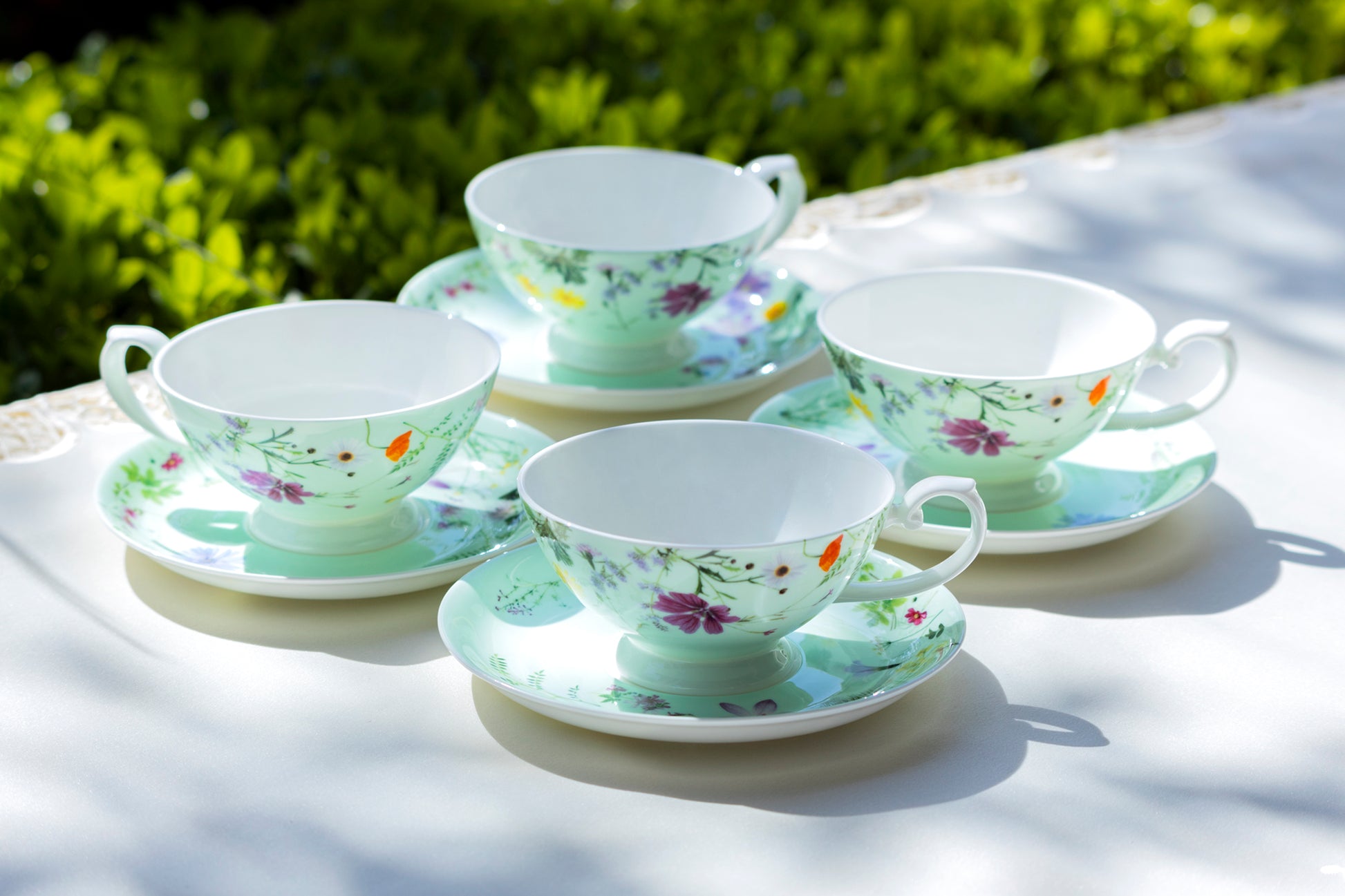 Stechcol Gracie Bone China Summer Meadow Mint Bone China Cup and Saucer Set of 4