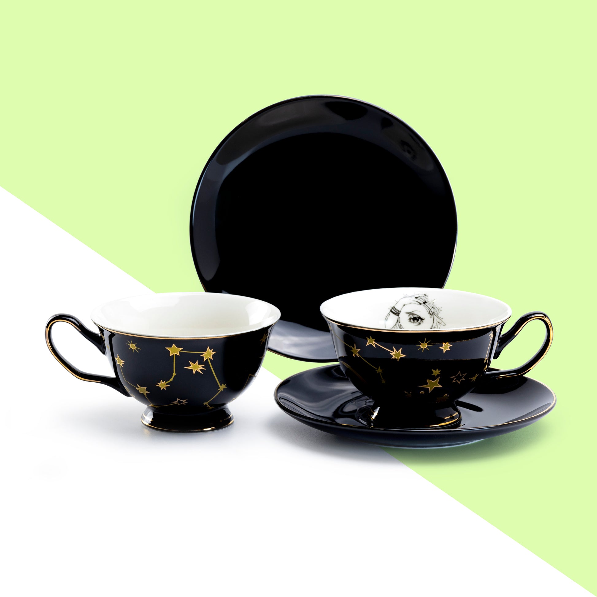 Halloween Witchy Crystal Ball Astrology Black Gold Tea Cup and Saucer Set of 2