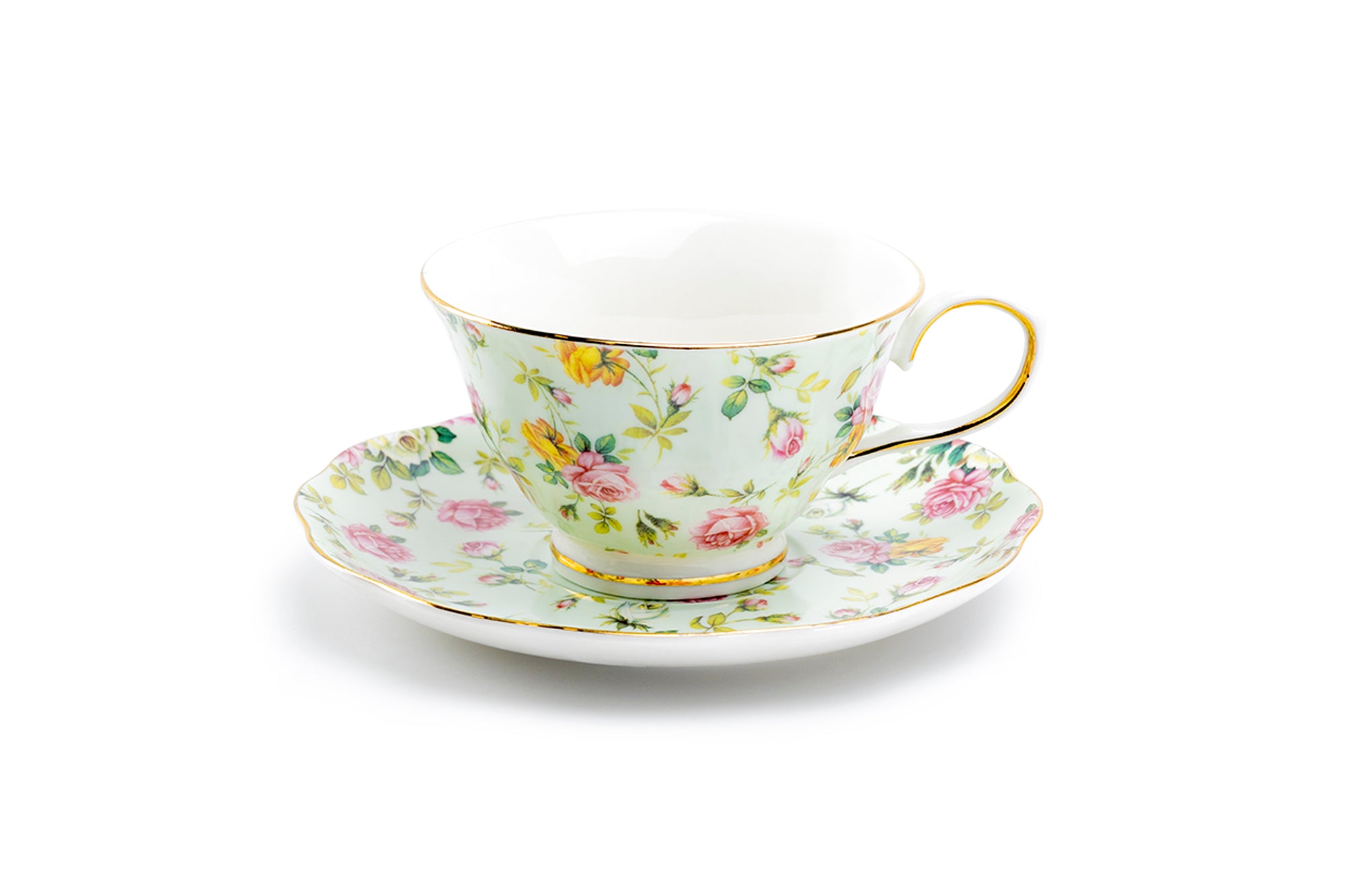 Gracie China Set 4 Tazze Da Tè E Piattini In Porcellana Rose Chintz Con Finiture Dorate - 237 Ml, Eleganza Per La Tavola