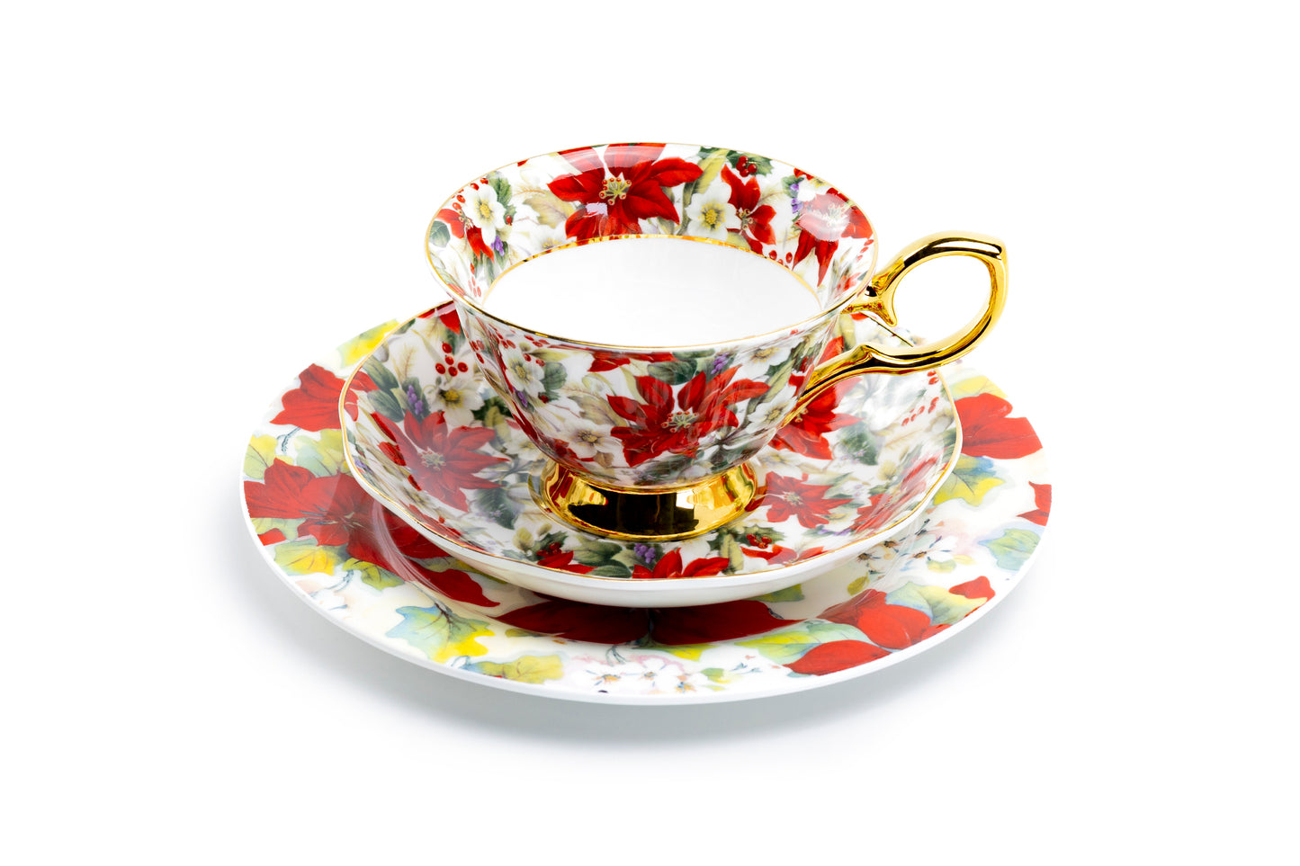 Poinsettia Chintz Gold Bone China Tea Cup and Saucer