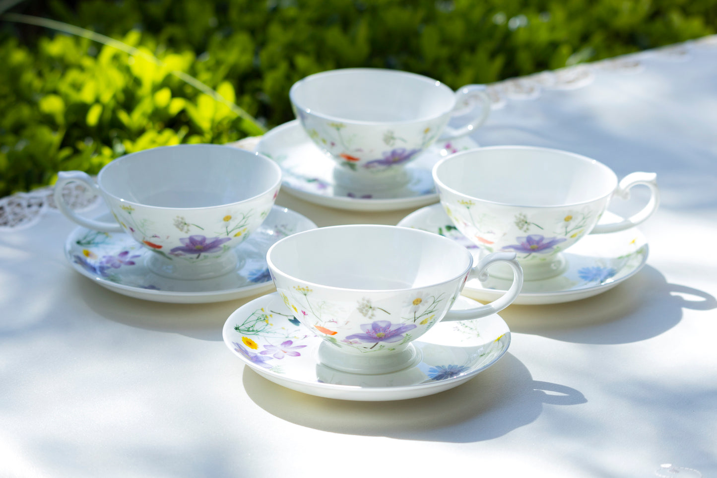 Stechcol Gracie Bone China Summer Meadow White Bone China Cup and Saucer Set of 4