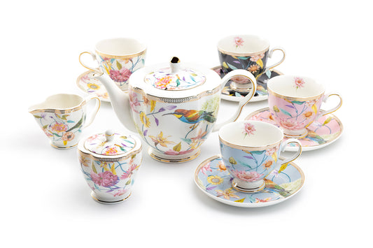 Grace Teaware Spring Flowers with Hummingbird Assorted Cups Fine Porcelain Tea Set