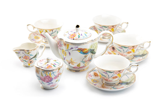 Spring Flowers with Hummingbird Fine Porcelain Fluted Cups Tea Set