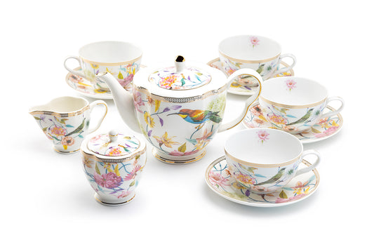 Grace Teaware Spring Flowers with Hummingbird Fine Porcelain Latte Cups Tea Set