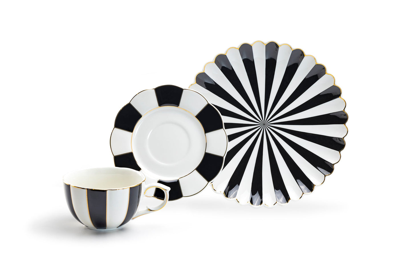 Grace Teaware Black and White Scallop Fine Porcelain Tea Cup Trio Set