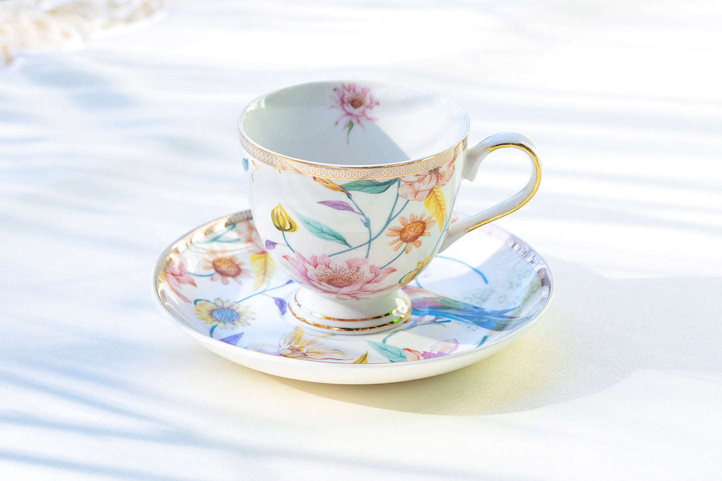 Grace Teaware Daisy and Bird Spring Flowers with Hummingbird Porcelain Tea Cup and Saucer