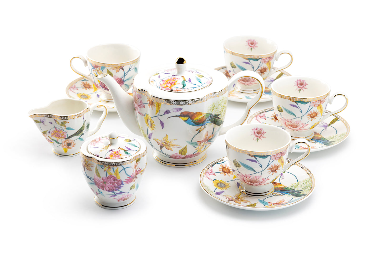 Grace Teaware Spring Flowers with Hummingbird Fine Porcelain Tea Set