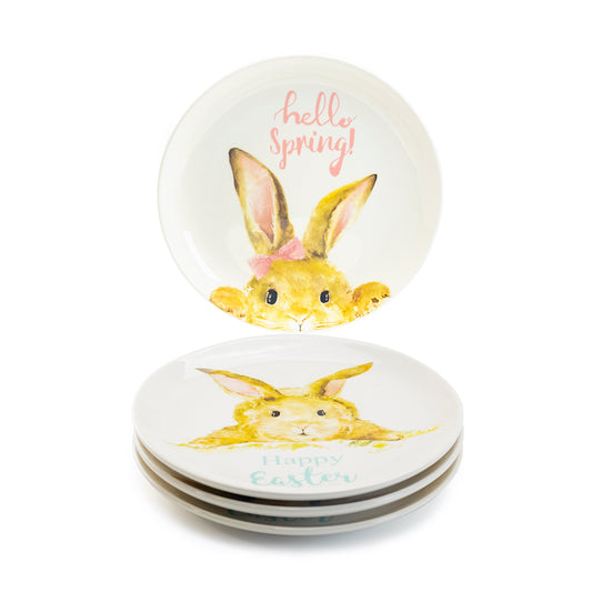 Grace Teaware 8.5" Hello Spring Happy Easter Bunny Pottery Salad / Dessert Plate Set of 4