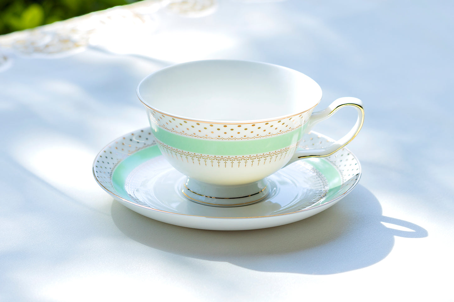 Mint Stripe with Gold Dots Fine Porcelain Tea Cup and Saucer