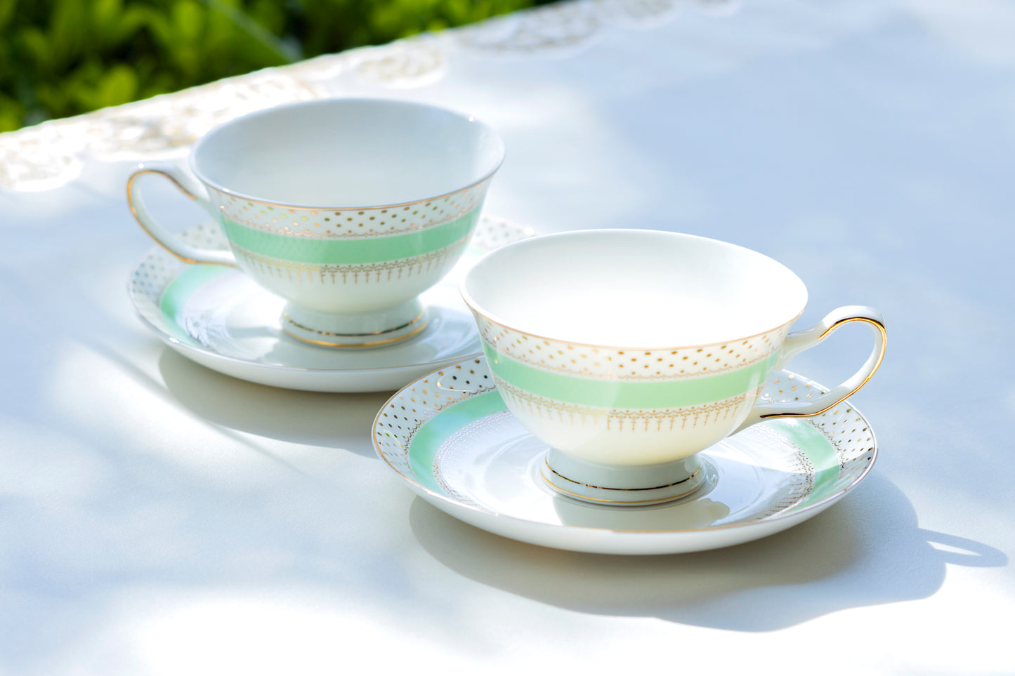 Mint Stripe with Gold Dots Fine Porcelain Tea Cup and Saucer