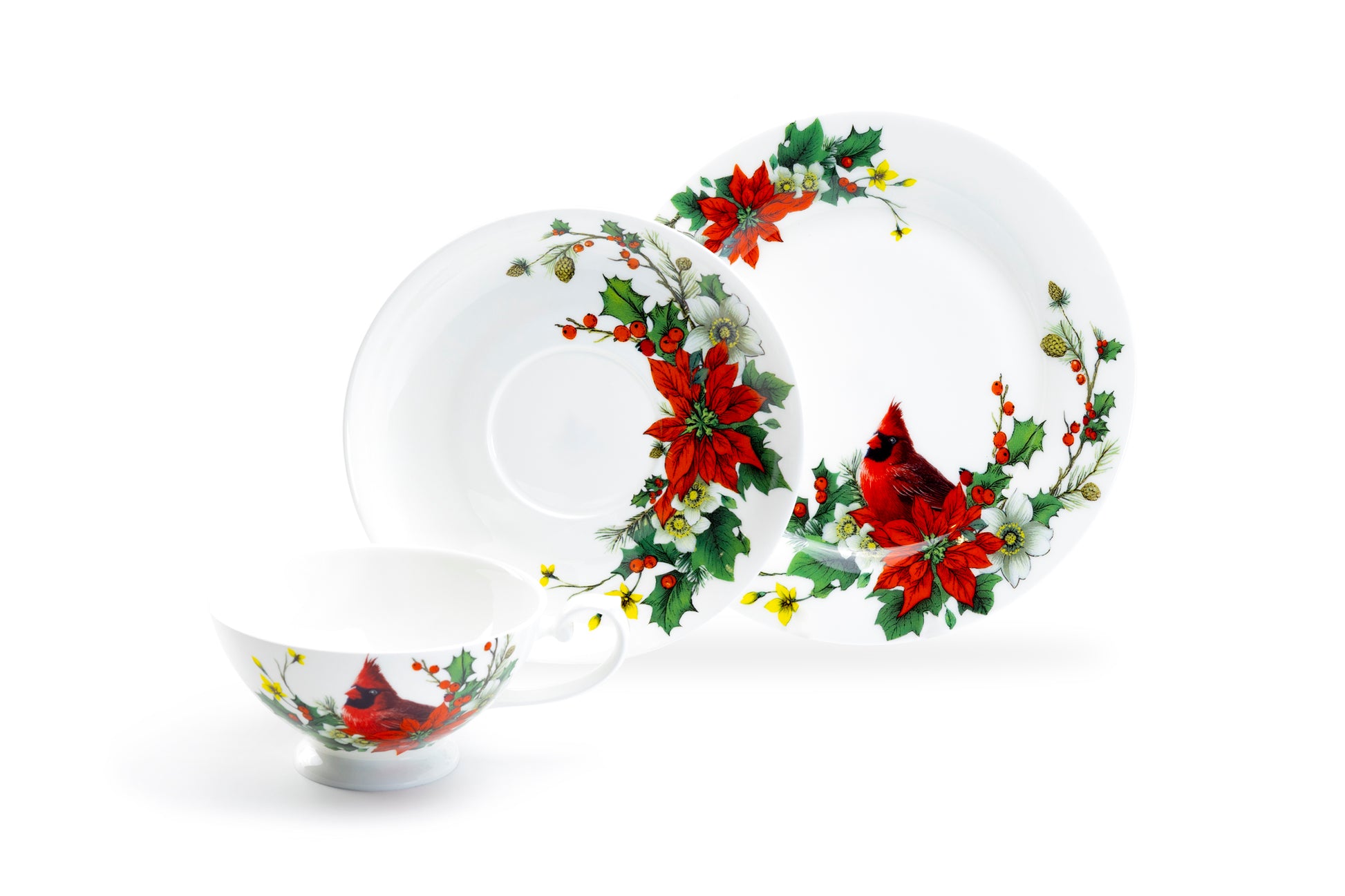 Stechcol Gracie Bone China Cardinal Poinsettia Cup and Saucer Set with Dessert Plate